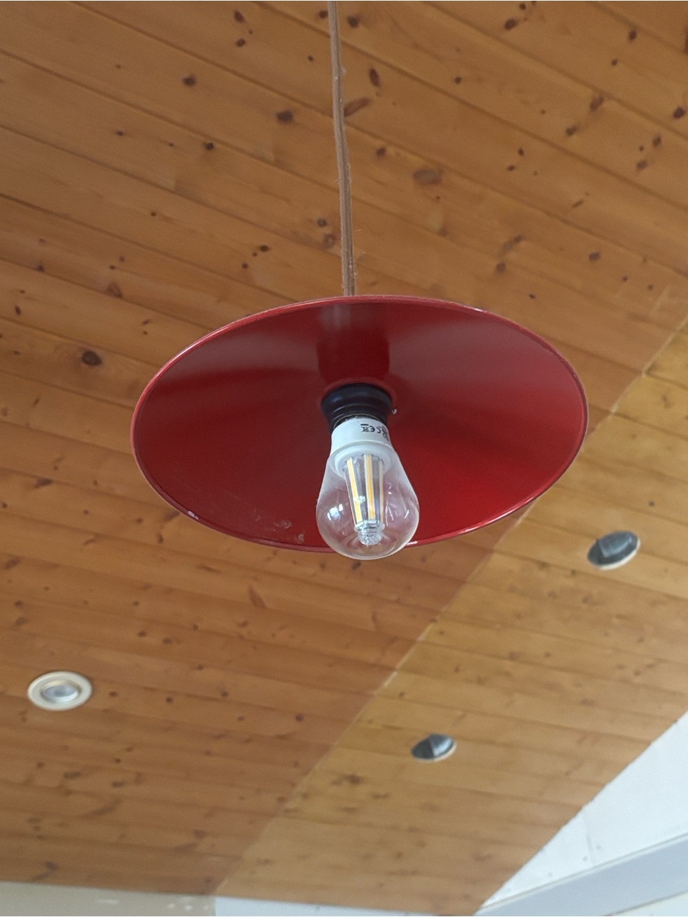 Set of 2 Red Pendant Light Fixtures with Exposed Bulb